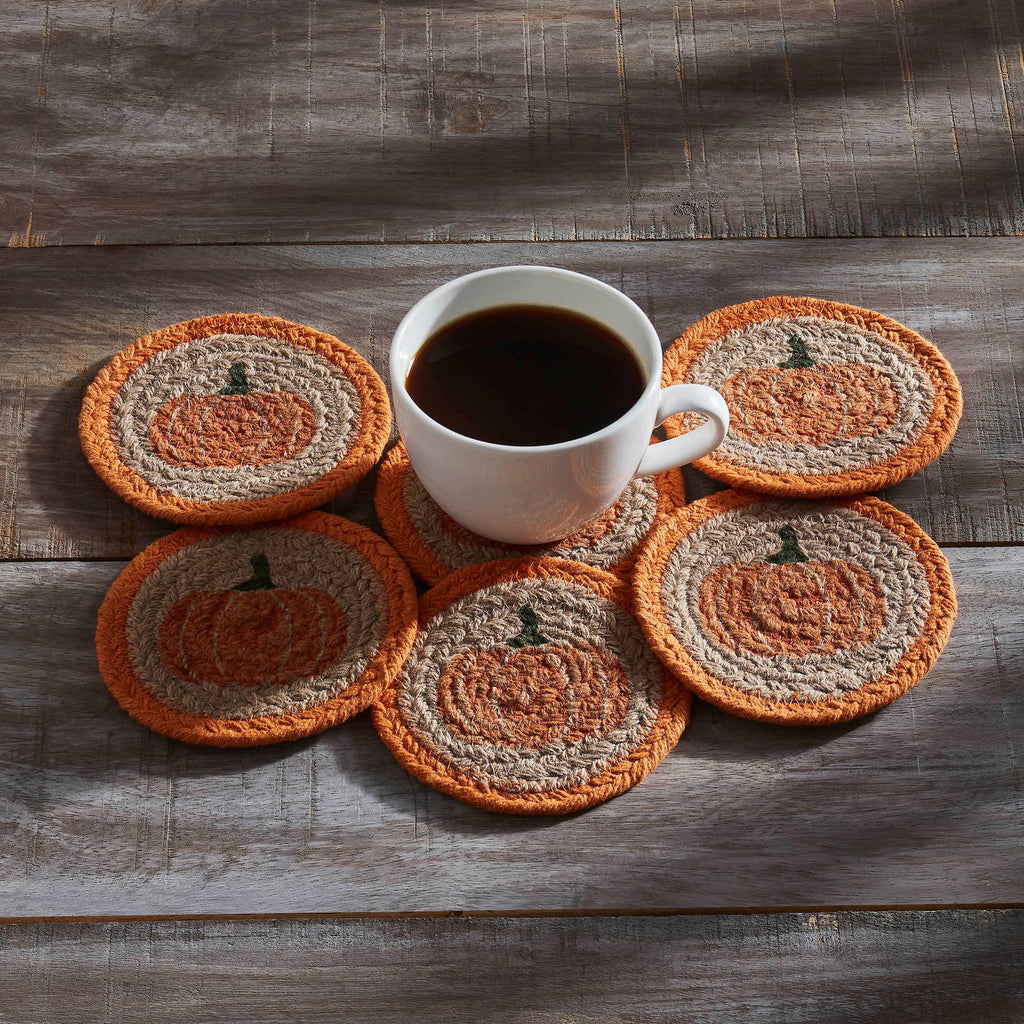 Fall Harvest Pumpkin Stencil Drink Coaster Set of 6 Natural Table Protection