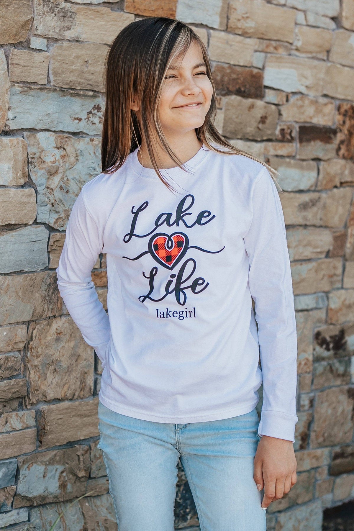 Youth Ringspun Lake Life Plaid Heart Tee