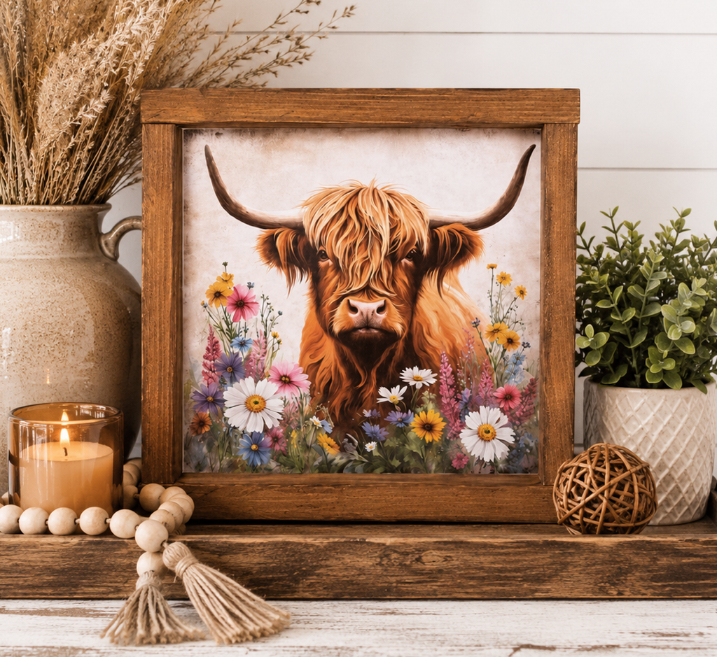 Frontier Meadows:  Highland Cow & Wildflowers 9.5x9.5" Sign