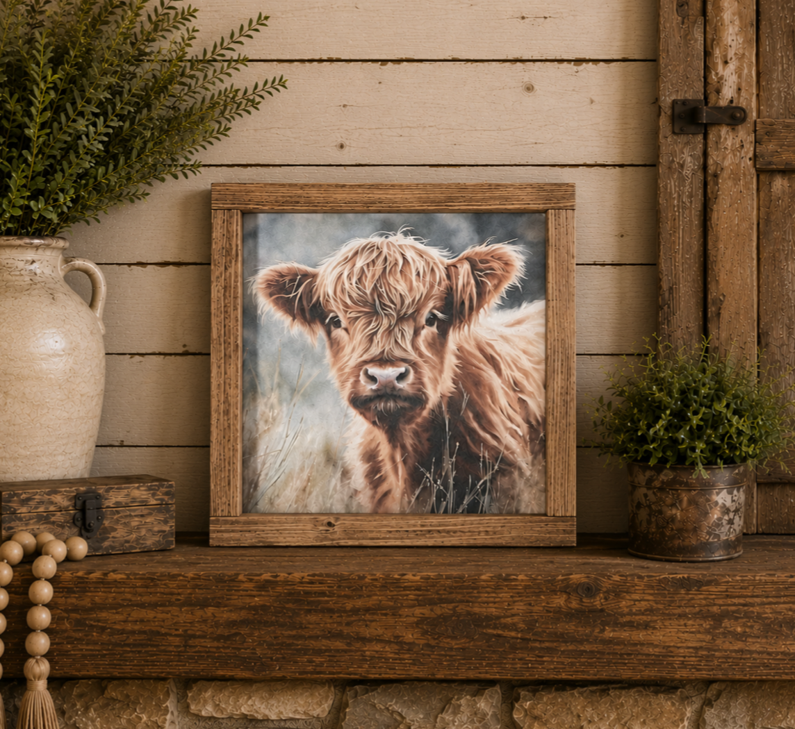 Country Pasture:  Shaggy Highland Calf 9.5 x 9.5" Wood Sign