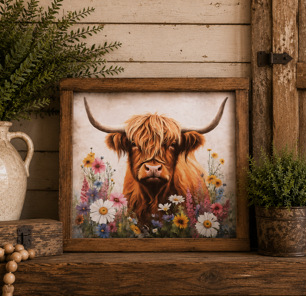 Frontier Meadows:  Highland Cow & Wildflowers 9.5x9.5" Sign
