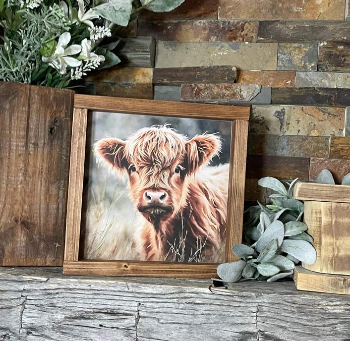 Country Pasture:  Shaggy Highland Calf 9.5 x 9.5" Wood Sign