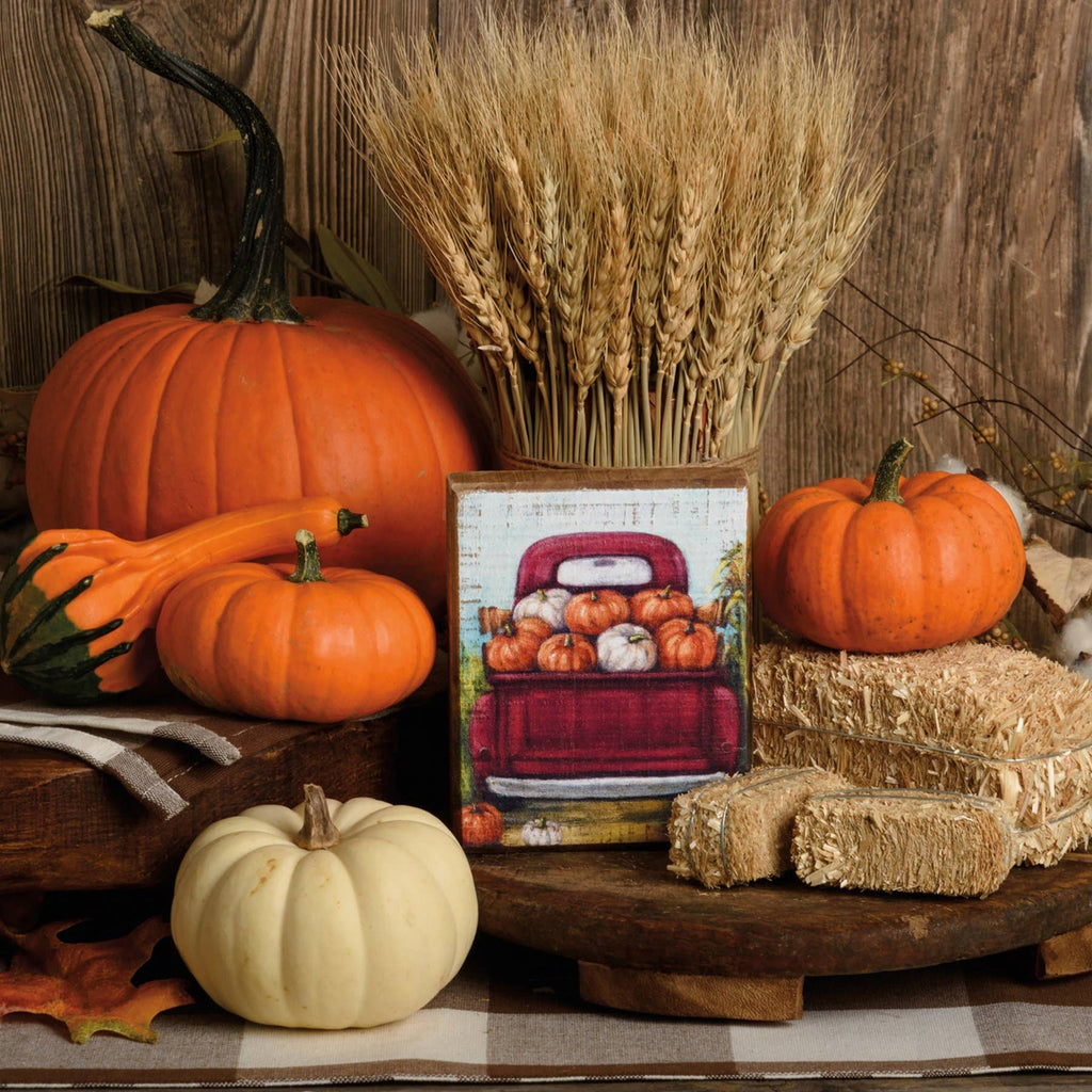 Red Truck And Pumpkins Block Sign