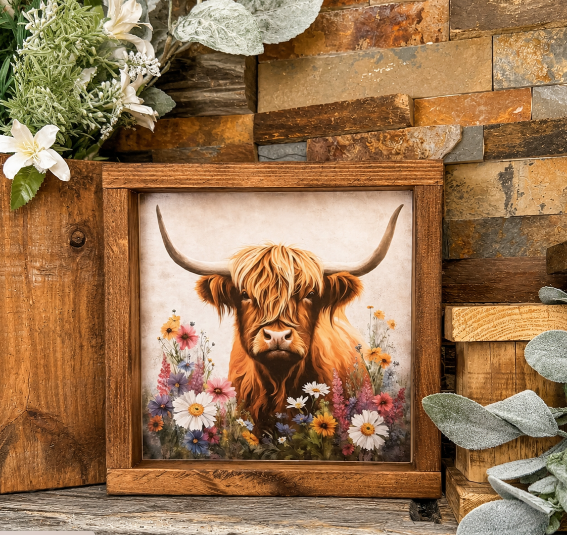 Frontier Meadows:  Highland Cow & Wildflowers 9.5x9.5" Sign