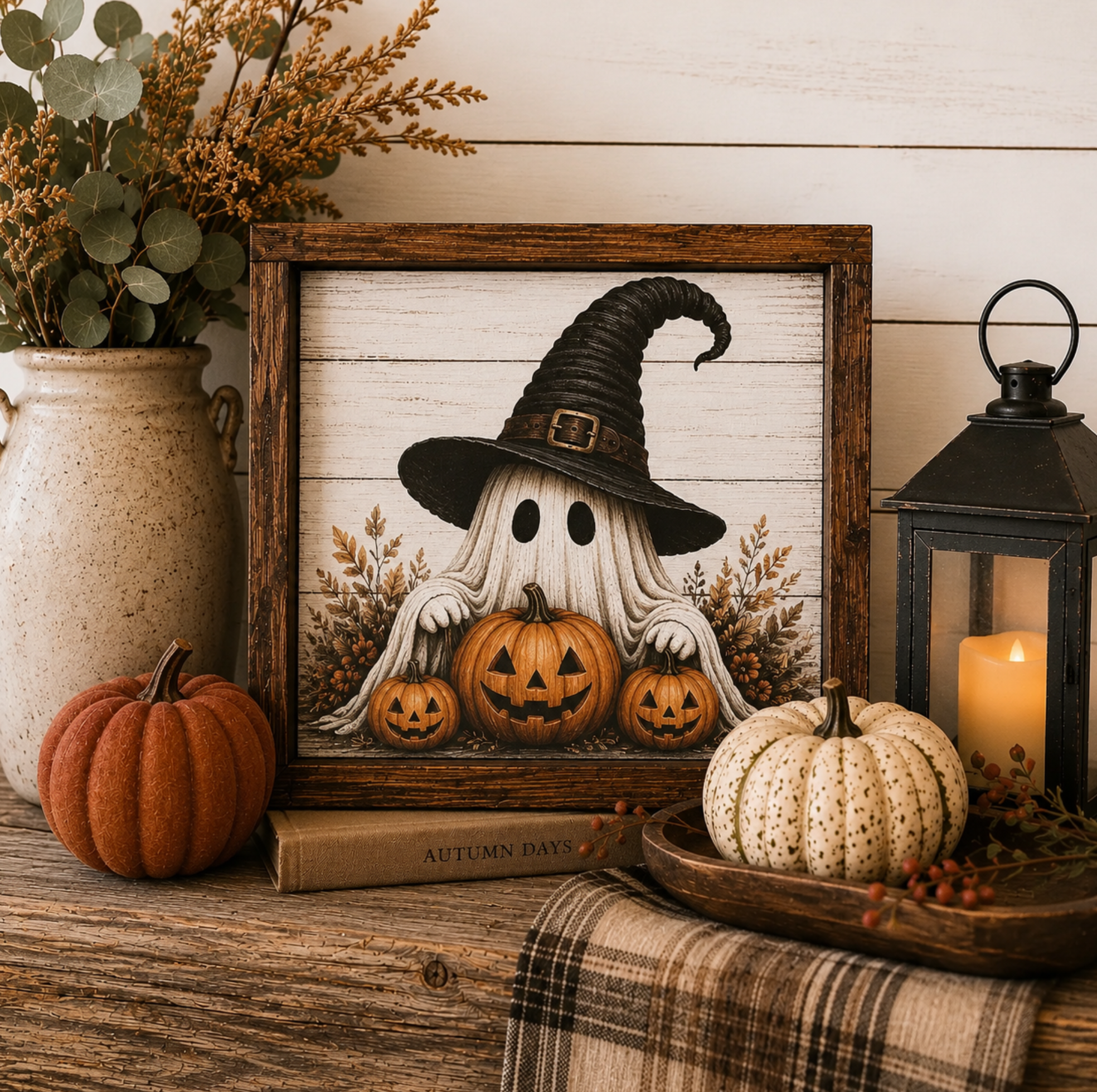 Halloween Friendly Spooky Ghost Farmhouse Framed Sign