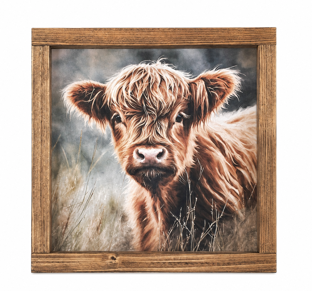 Country Pasture:  Shaggy Highland Calf 9.5 x 9.5" Wood Sign