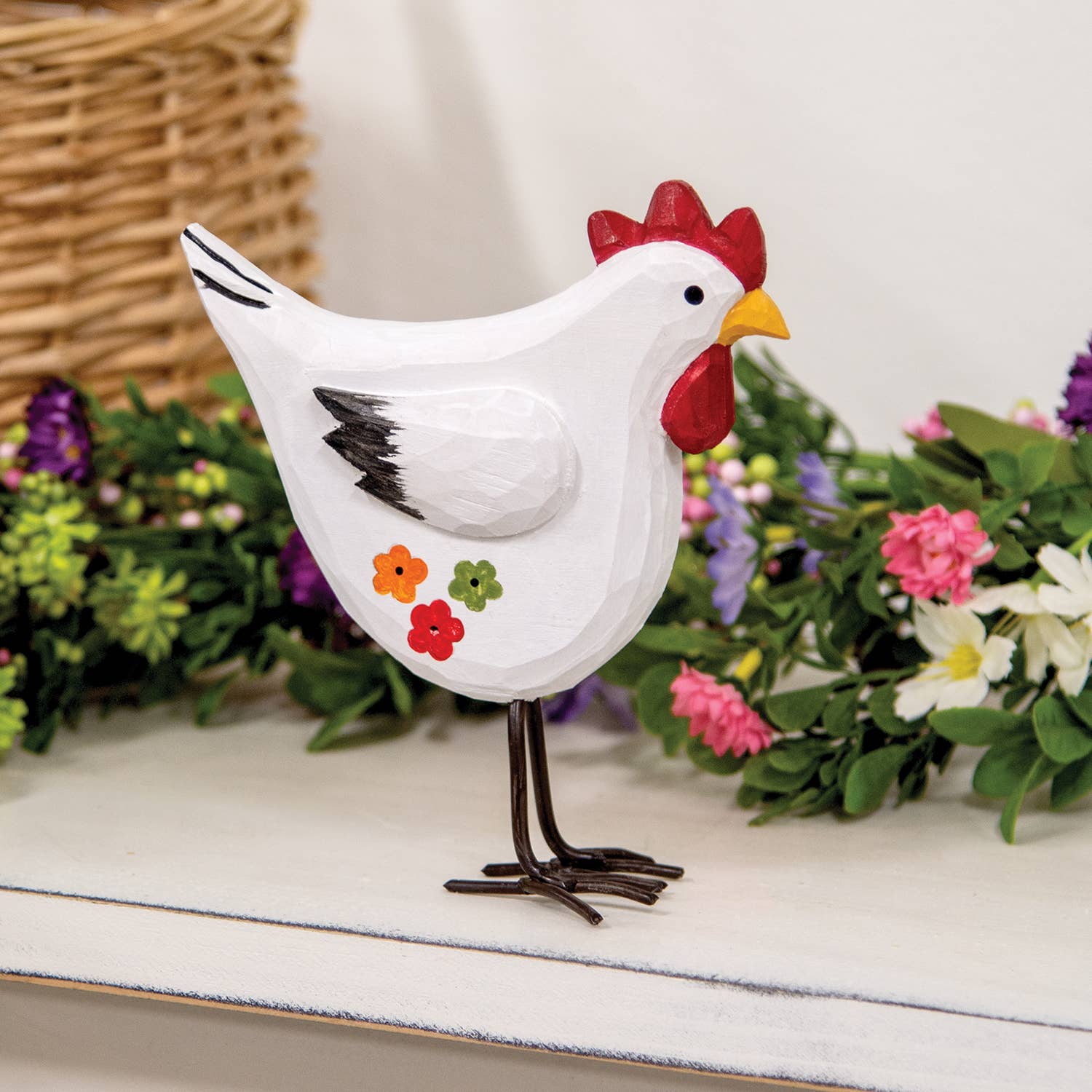 Standing Wooden Chicken with Handpainted Flowers