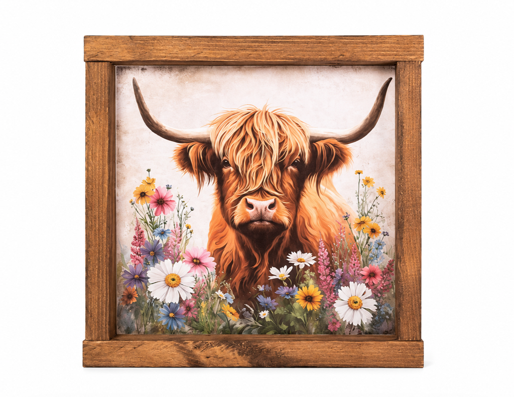Frontier Meadows:  Highland Cow & Wildflowers 9.5x9.5" Sign