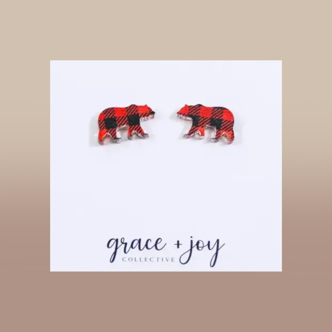 Buffalo Plaid Bear Stud Earring, Acrylic Earrings